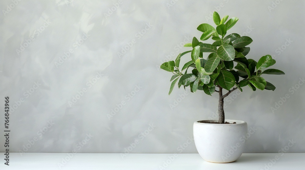 A small potted plant sits on a white table. The plant is a small tree with green leaves and a brown trunk. The table is white and has a clean, minimalist look A small potted plant sits on a white table. The plant is a small tree with green leaves and a brown trunk. The table is white and has a clean, minimalist look