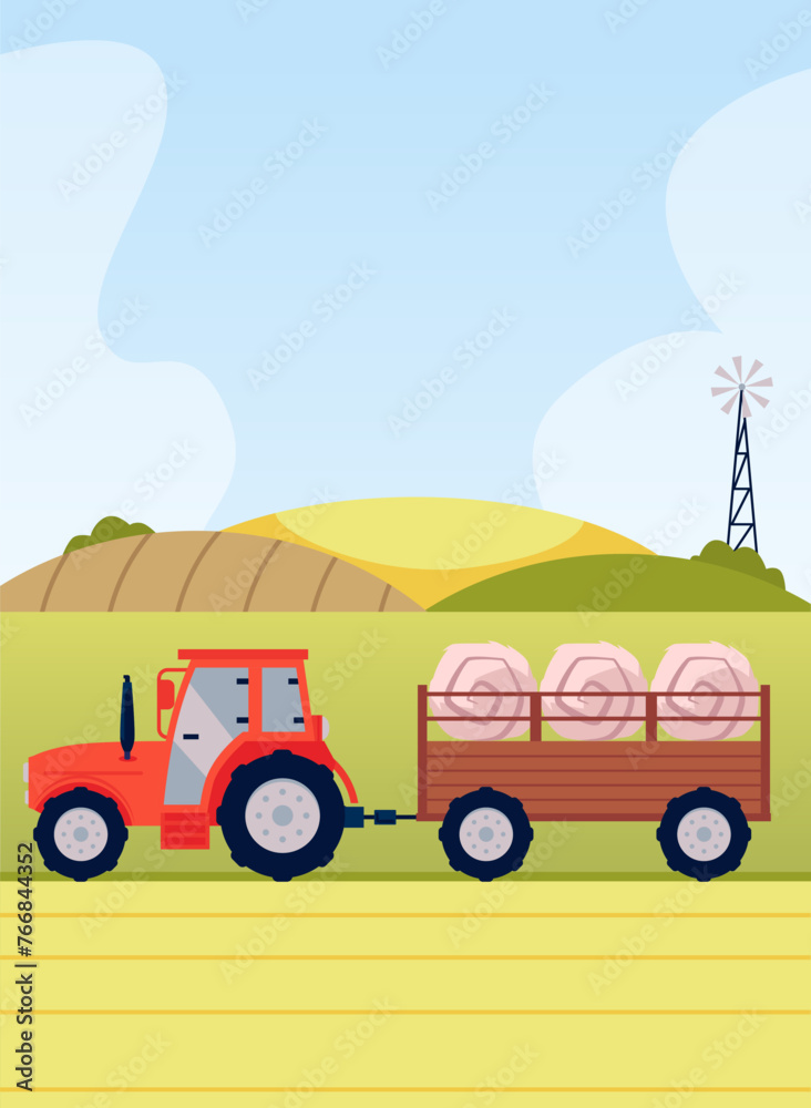 Fototapeta premium Red tractor with trailer filled with hay, vector harvesting farm machinery, agriculture industrial vehicle on rural land