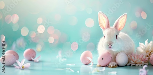 Easter bunny and easter eggs on blue background with bokeh