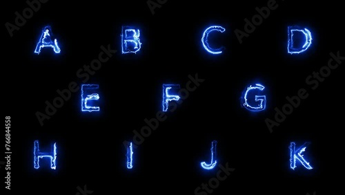 Alphabet Letters Abstract Animation Set with Electricity Effect. Matte Channel Video. High Quality 4K Resolution.