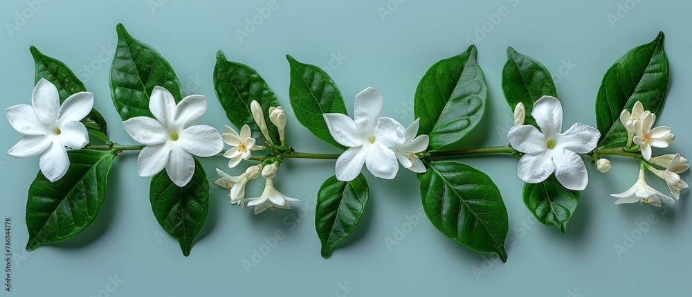A blue background showcases a beautiful branch with white flowers and ...