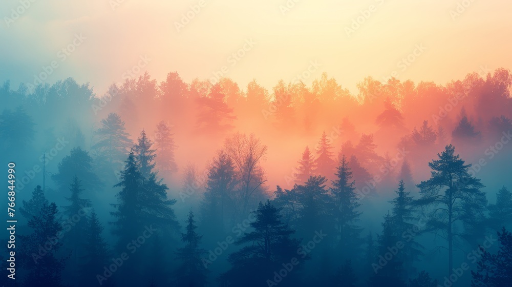 Tranquil forest landscape at dawn, with color transitions from cool misty blues to warm morning yellows with a minimalist design, focusing on the silhouettes of trees against a soft sky and gradation - obrazy, fototapety, plakaty 