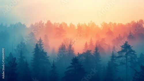 Tranquil forest landscape at dawn, with color transitions from cool misty blues to warm morning yellows with a minimalist design, focusing on the silhouettes of trees against a soft sky and gradation © Riz