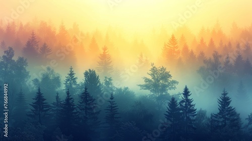 Tranquil forest landscape at dawn, with color transitions from cool misty blues to warm morning yellows with a minimalist design, focusing on the silhouettes of trees against a soft sky and gradation