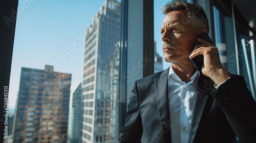 professional middle-aged CEO in a suit standing in a modern office answering a phone call and looking out of the window at the city skyline planning corporate strategy