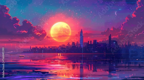 A futuristic cityscape bathed in the radiant hues of sunset provides an inspiring background, perfect for projects requiring a blend of technology and natural beauty.