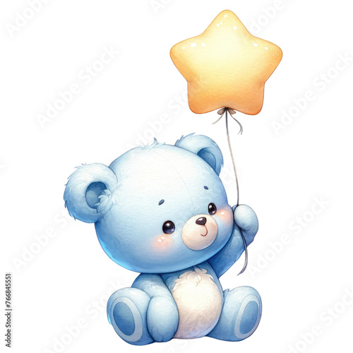 Blue teddy bear holding a balloon watercolor transparent background