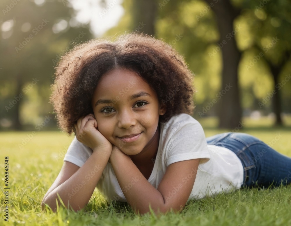 An african american young girl is laying on the grass with her hands on her face. She is smiling and she is enjoying herself An african american young girl is laying on the grass with her hands on her face. She is smiling and she is enjoying herself