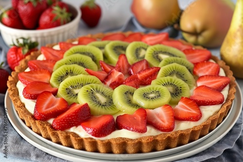 A large round strawberry tart with kiwi slices placed in an oval pattern on top of the strawberries. The crust is made from flour and sugar, while the cream cheese filling covers the entire thing
