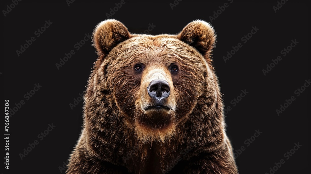 front view of a powerful brown bear with a black background highlighting its majestic and fierce nature front view of a powerful brown bear with a black background highlighting its majestic and fierce nature