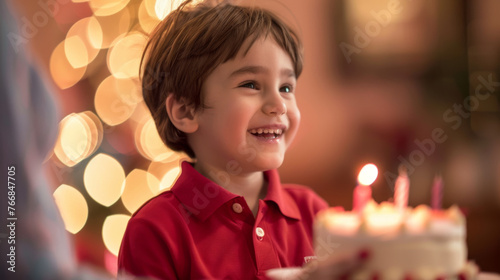 A smiling boy is looking at a birthday cake with lit candles.