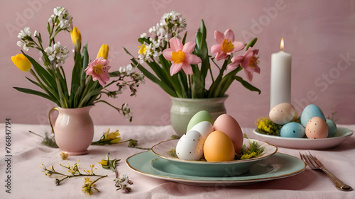 Easter table. Easter holiday table setting with eggs and spring flowers on a pink linen background. Festive tablescapes. Easter brunch