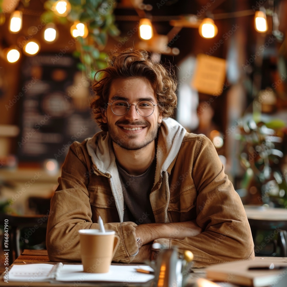 In a buzzing startup space, a young man with a stylus pen exudes relaxation, coffee in hand, a smile framing his creative day