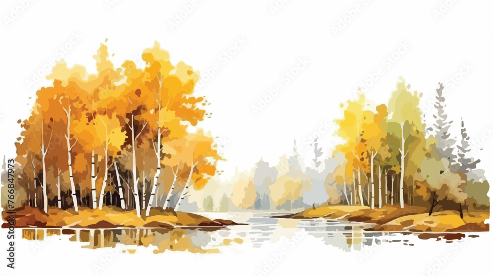 Watercolor Autumn Landscape Flat vector isolated on white - obrazy, fototapety, plakaty 