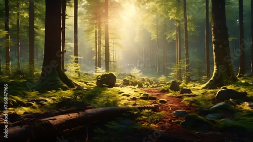 A breathtaking view of a tranquil forest bathed in golden sunlight  with towering trees casting long shadows on the forest floor  evoking a sense of peace 