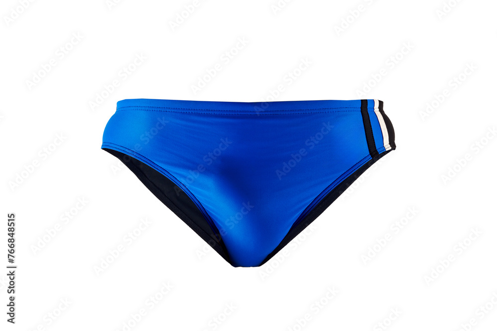 Blue sporty male underwear for swimming isolated on white background. Fashionable swimwear: Men's bikini briefs on a mannequin for isolated photography.