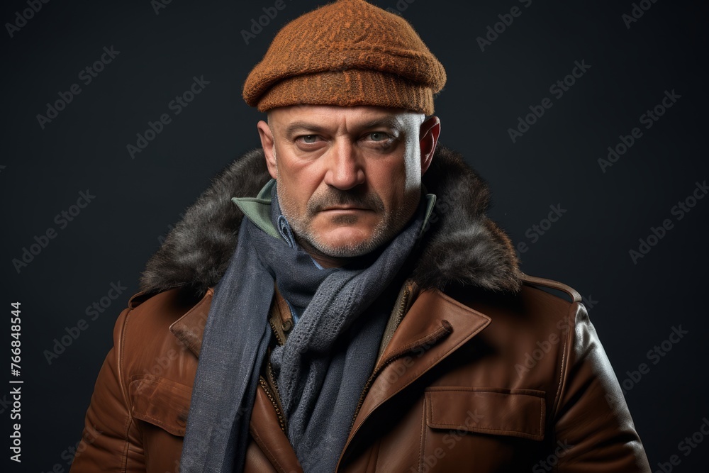 Portrait of an old man in a brown jacket and a hat.