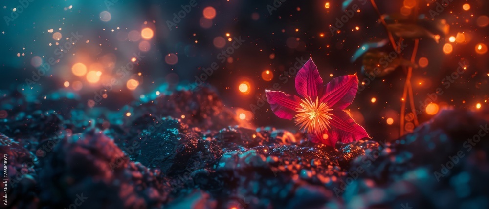   Red flower amidst green and purple grass field with brilliant background lights - obrazy, fototapety, plakaty 