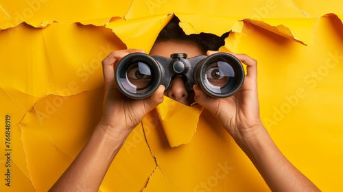 A pair of hands holds binoculars through a torn yellow paper wall.