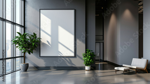 Mockup  a large white wall with a picture frame and a potted plant