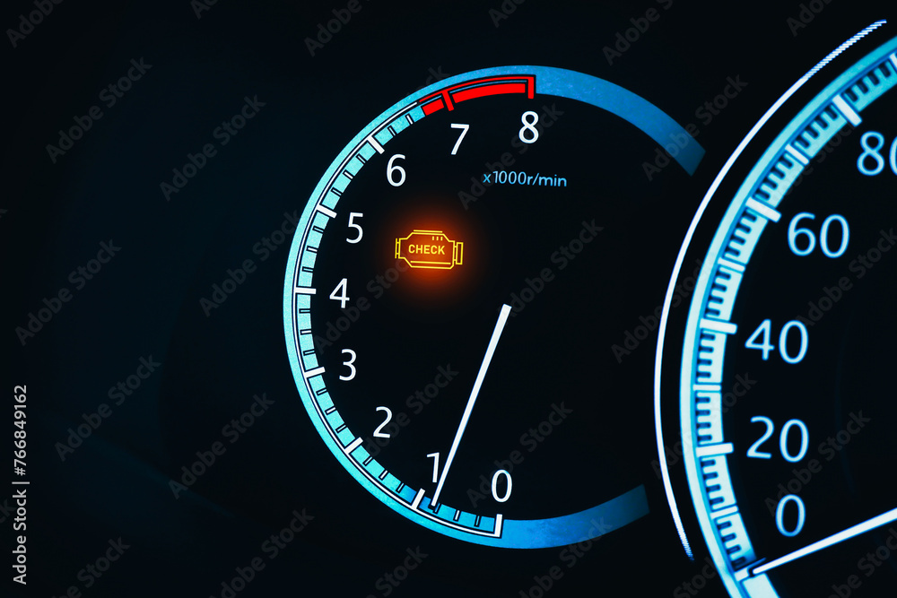 Engine malfunction warning light or Check engine light illuminated on instrument panel in a car , Car repair concept Engine malfunction warning light or Check engine light illuminated on instrument panel in a car , Car repair concept