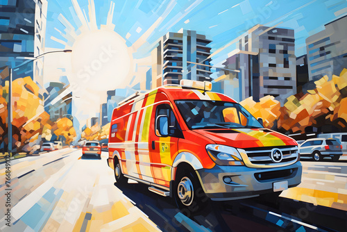 Emergency Ambulance Racing Down an Urban Street in Daytime: The Intersection of Healthcare and Transport Services