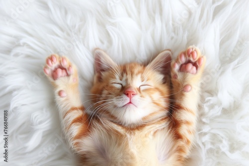 Cute Orange Cat Lying on a White Bed, Happy Expression, Hands Raised Above Head