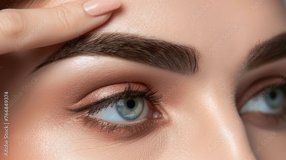 Fototapeta premium detailed closeup of a girl model with exquisite eye makeup and groomed eyebrows, showing the process of lifting the eye skin with a finger for a glamorous look