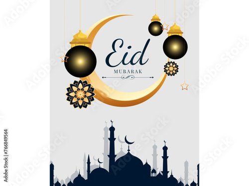 Eid mubarak islamic background template Eid Mubarak calligraphy with lanterns and floral designs in paper art style vector