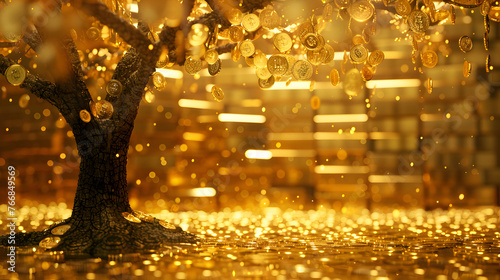Abstract gold and money tree background. Creative wallpaper..