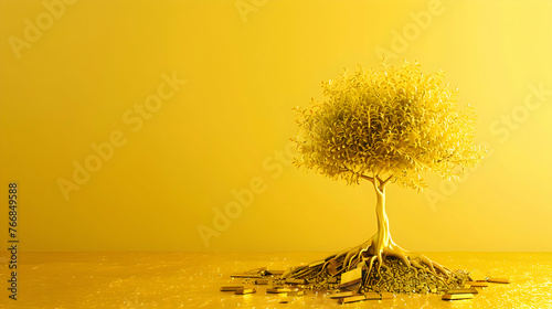 Money tree on yellow gold background. 