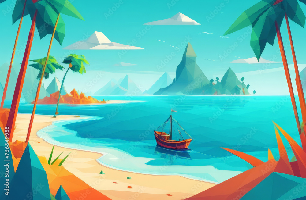 Obraz premium Summer tropical landscape. The sea coast. Palm trees and mountains in the distance. A bright flat summer illustration.