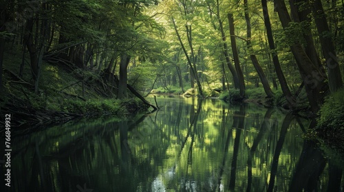 An atmospheric depiction of a quiet river passing through a dense  green forest conveying tranquility