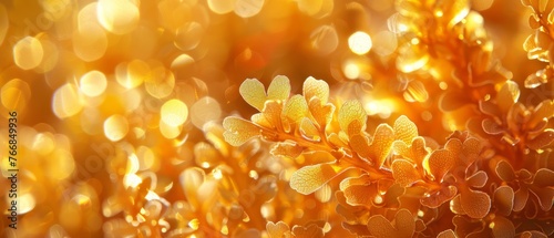  Zoomed-in image of a vibrant yellow plant with numerous foliage in the focal point, boasting a softly blurred background