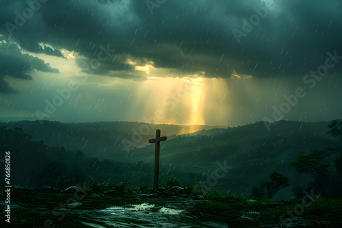 Dramatic Easter cross illuminated by sun amid storm clouds, photo. Suitable for religious events, worship, and spiritual atmosphere.