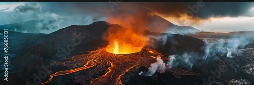 Serene panoramic vista of a gentle volcanic eruption with meandering lava flows in a twilight setting