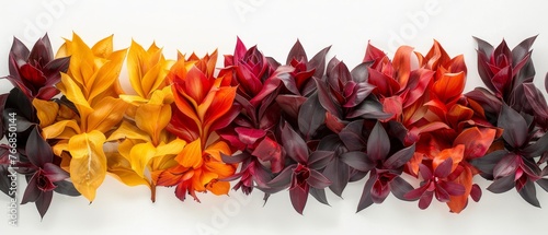 Red, orange, and yellow flowers arranged on white background for text optimization