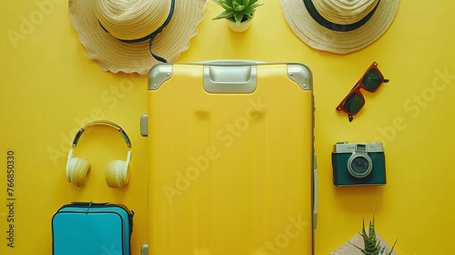 stylish yellow suitcase with travel essentials in a flat lay on a yellow background for vacation prep photo