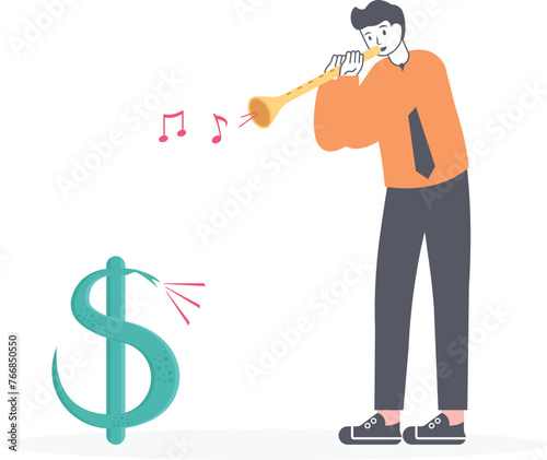 Manager or businessman. A man in a suit or businessman plays a flute like a tamer of wild-animal. Illustration, vector, EPS 10.

