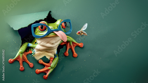 Dynamic image of a frog sticking its tongue out to catch a fly through a hole in the paper, representing quick action photo