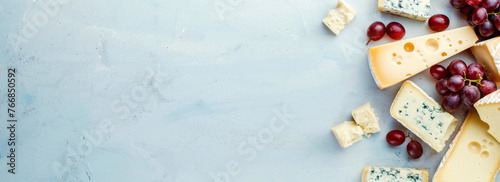 Pieces of cheese in the assortment and red grapes lie on a light blue background of the banner.