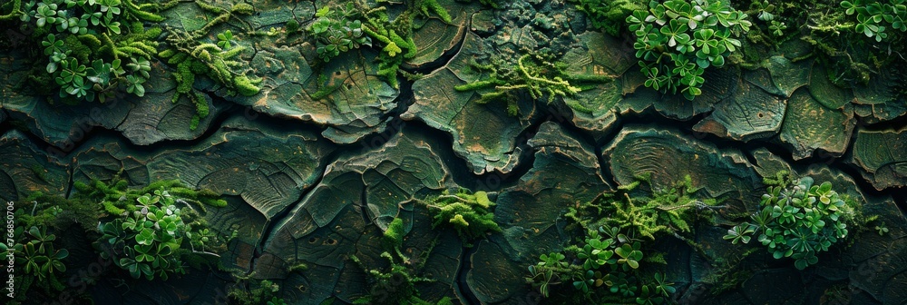 The image shows a verdant spread of moss thriving on intricately patterned tree bark, embodying vitality and the symbiotic nature of ecosystems - obrazy, fototapety, plakaty 