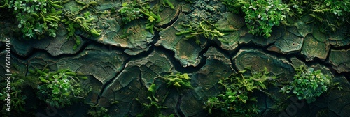 The image shows a verdant spread of moss thriving on intricately patterned tree bark, embodying vitality and the symbiotic nature of ecosystems photo
