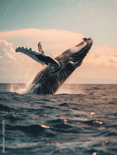 Humpback whale leaps from the water in a dramatic breach 