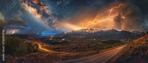 Captivating scene of a long winding road leading towards a mountain under a stormy sky filled with lightning and stars