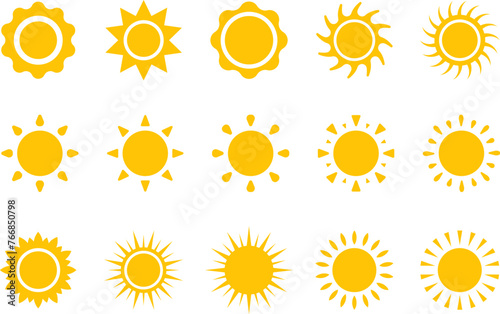 Vector cartoon, comic yellow sun Shining light rays heat the summer. Isolated on white background.