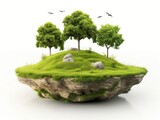 A lush green floating island with trees, grass, and rocks against a white background with birds flying overhead.