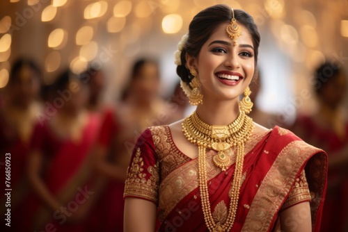 A young Indian ethnic woman with a smiling face wearing traditional bridal costumes and jewellery