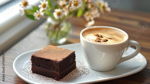 Chocolate cake and a cup of coffee served beautifully on a white plate