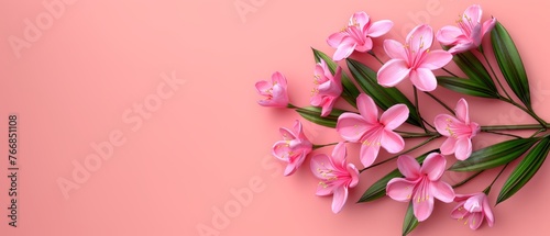   Pink flower arrangement on a pink background  top-down view  featuring flat lay on a pink surface
